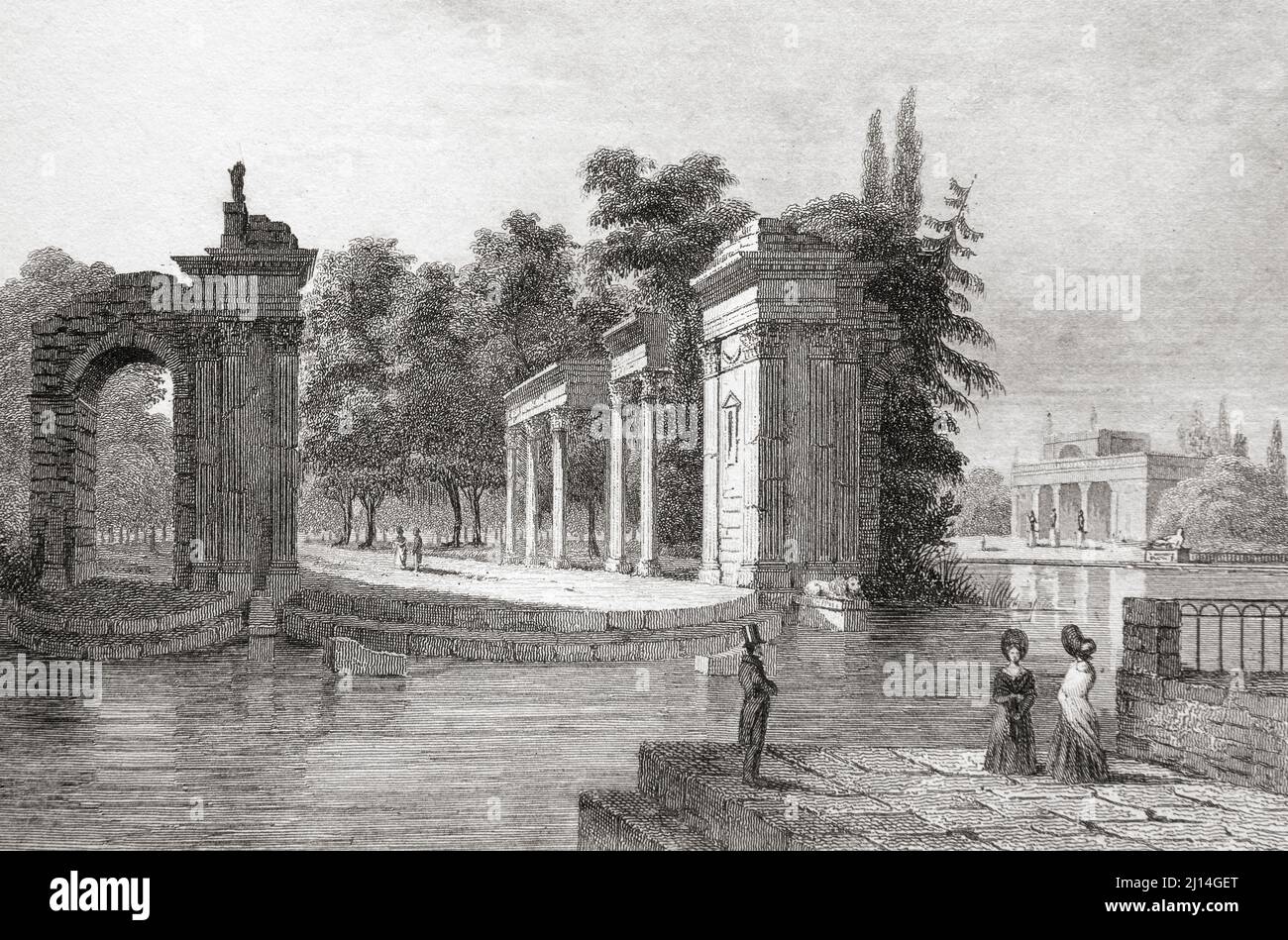 Amphitheater at the island of Lazienki, Poland. 19th century steel engraving by Lemaitre direxit and Cholet. Stock Photo