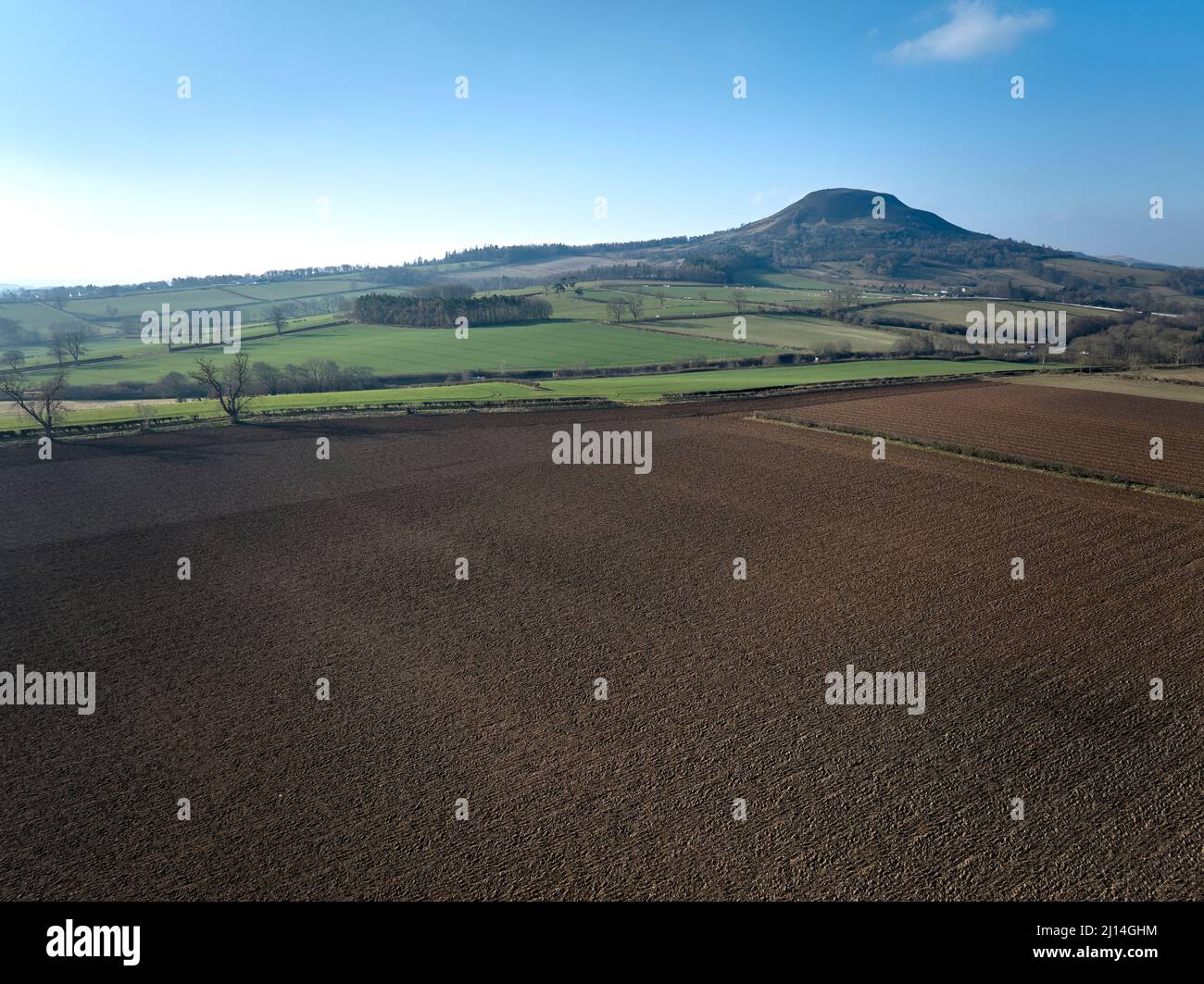Aerial view to the site of Trimontium Roman fort complex by Newstead in the Scottish Borders. Most northerly fort in the Roman Empire Stock Photo