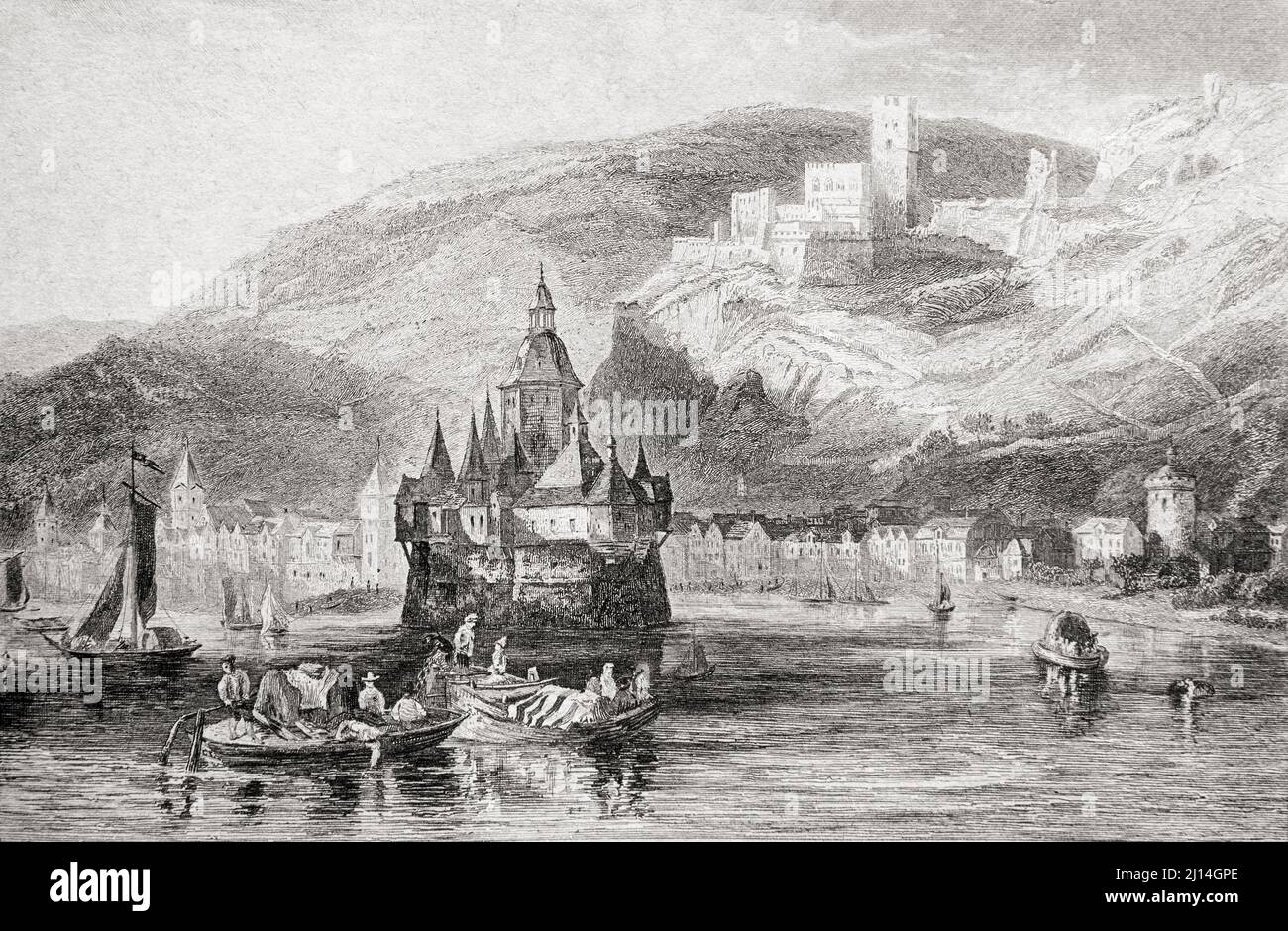 Castle of Pfalz and ruins of Gutenfels, Germany. 19th century steel engraving by del Thienon, Lemaitre direxit and Lalaisse. Stock Photo