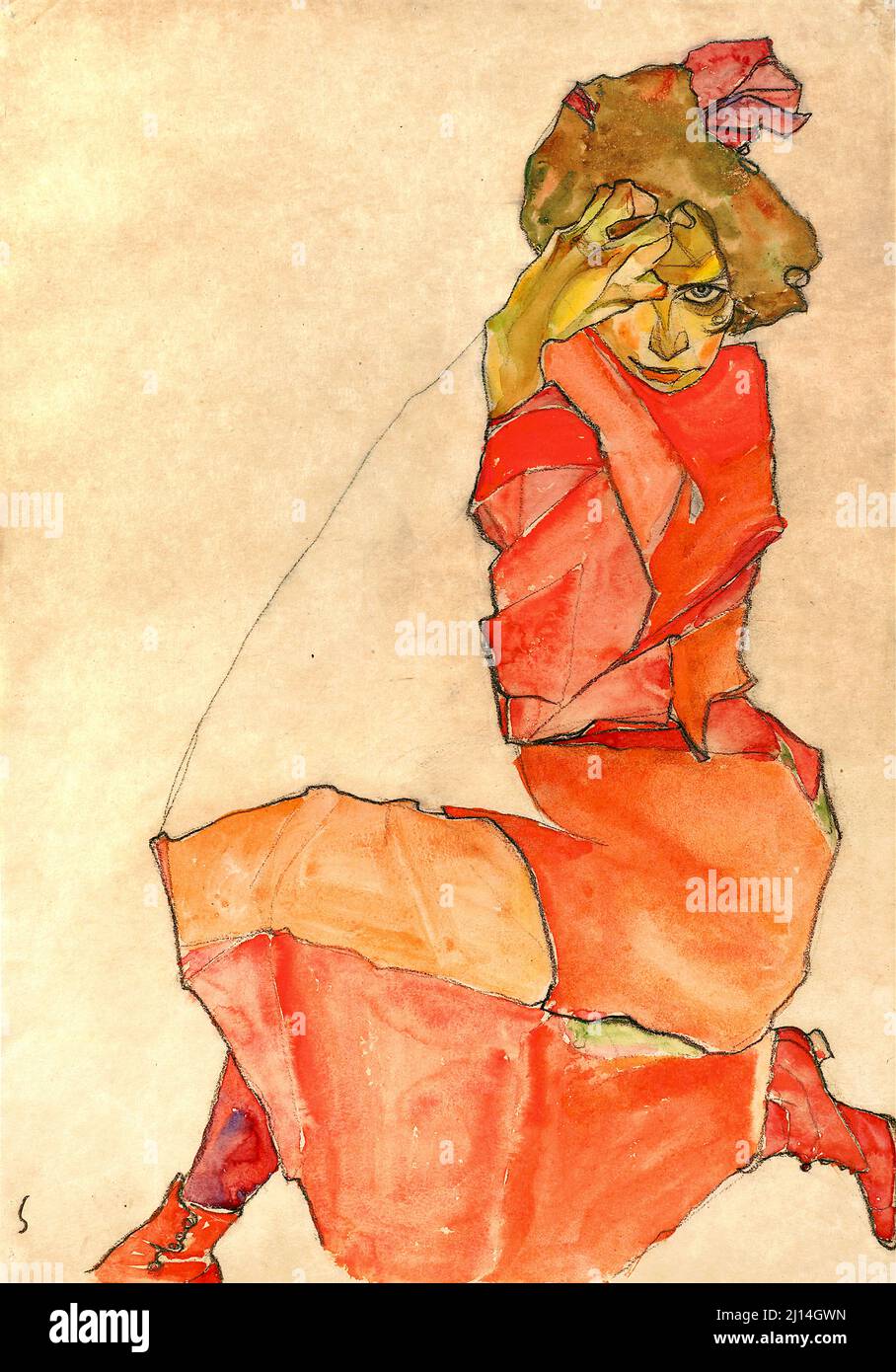 Egon Schiele - Kneeling Female in Orange-Red Dress - 1910 Stock Photo