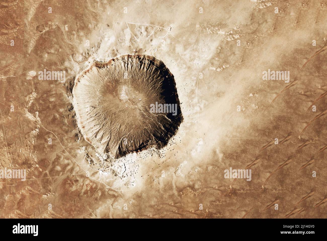 Crater from a meteorite, from space. Elements of this image furnished by NASA. High quality photo Stock Photo