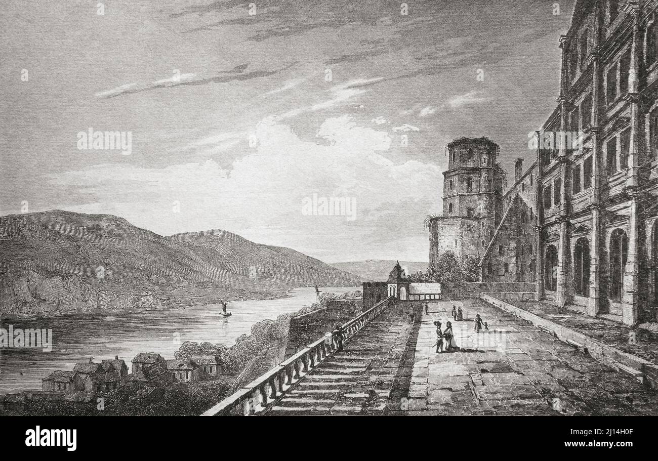 Gallery at the castle of Heidelberg, Germany. 19th century steel engraving by Lemaitre direxit. Stock Photo