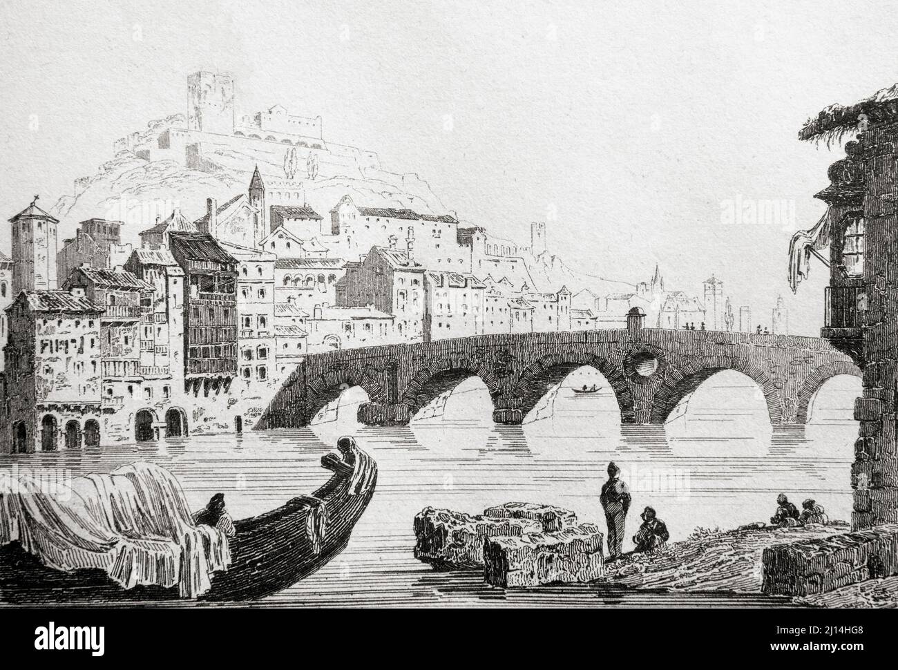 Verona, Italy. 19th century steel engraving by Lemaitre direxit. Stock Photo