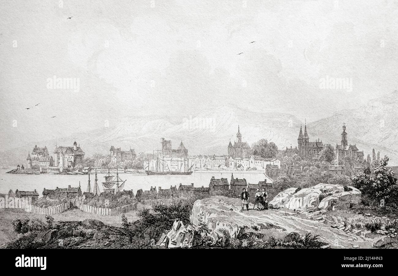 Bergen at the 17th century, Norway. 19th century steel engraving by del Danvin, Lemaitre direxit and Cholet. Stock Photo