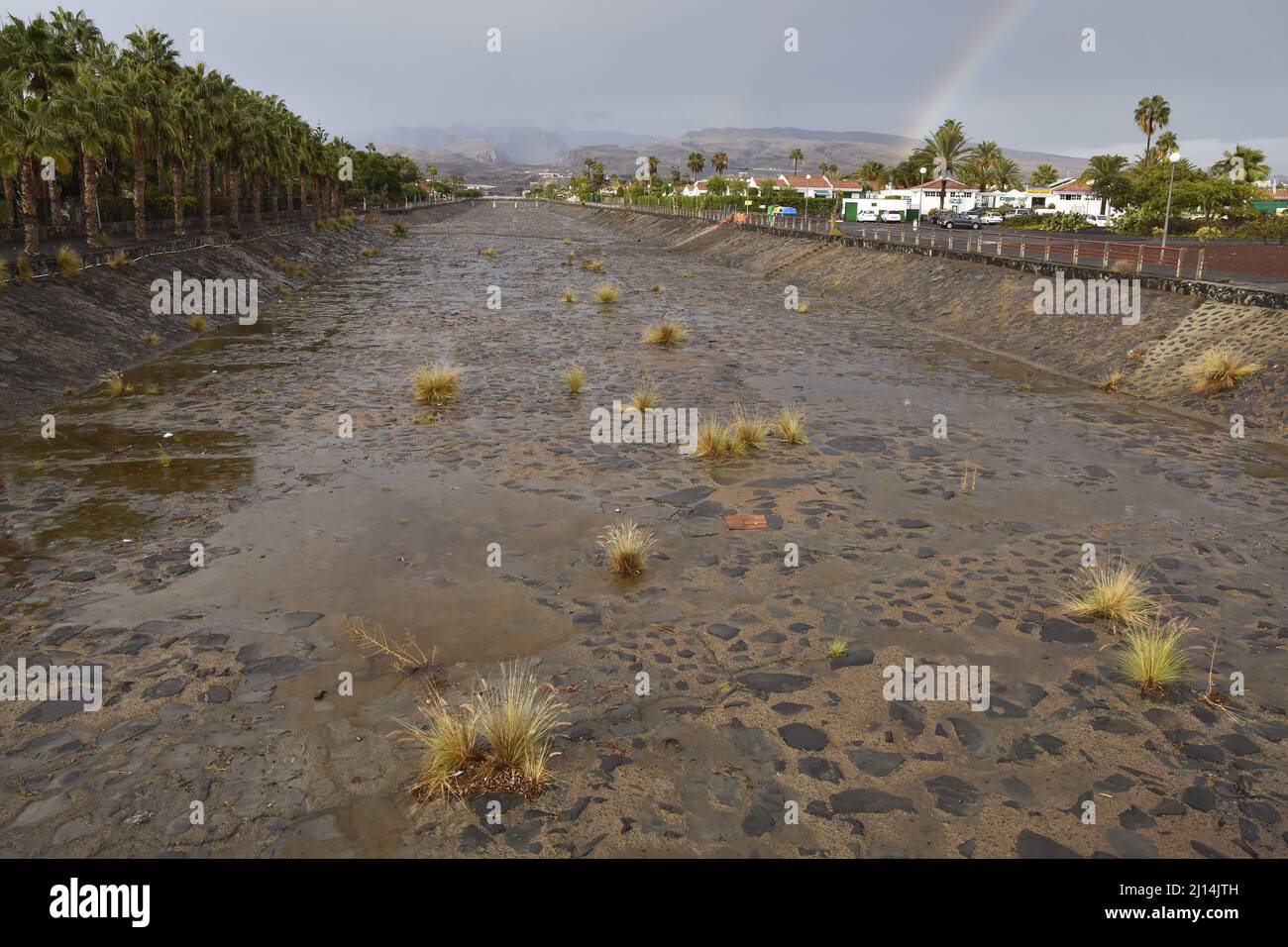 Dry riverbed, rainy weather in Maspalomas, south of Gran Canaria Canary Islands Spain. Stock Photo