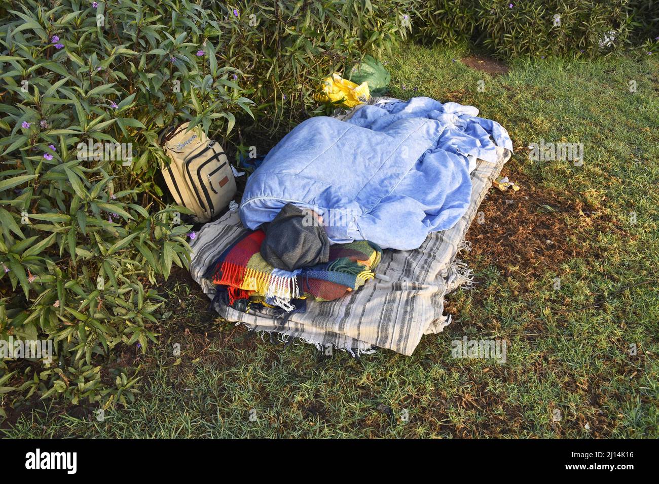 Homeless person sleeping on the ground in park, Las Palmas Gran Canaria Spain. Stock Photo