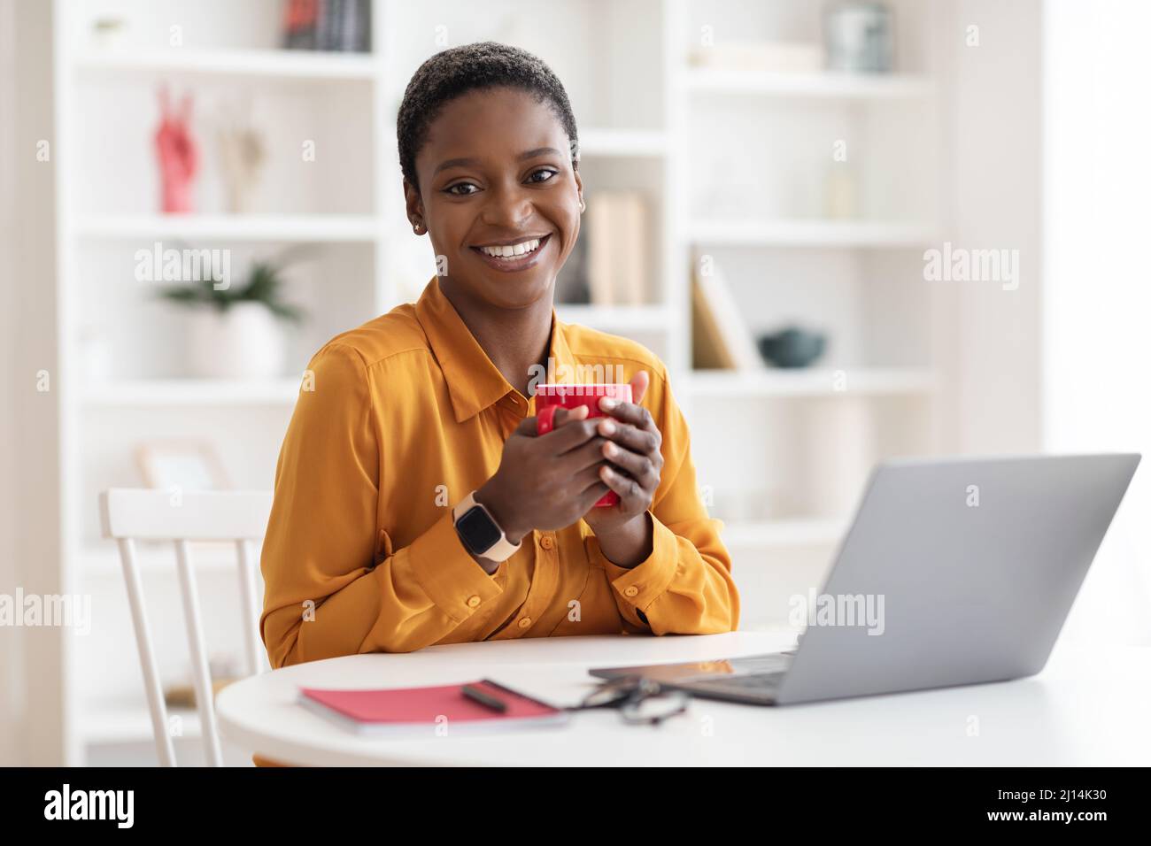 Cheerful millennial black woman freelancer working from home Stock ...