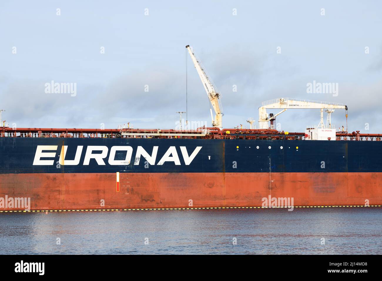 Seattle - March 20, 2022;  Name and detail of Euronav Suezmax crude oil tanker Sofia with prominent name and Oriental cranes on deck Stock Photo