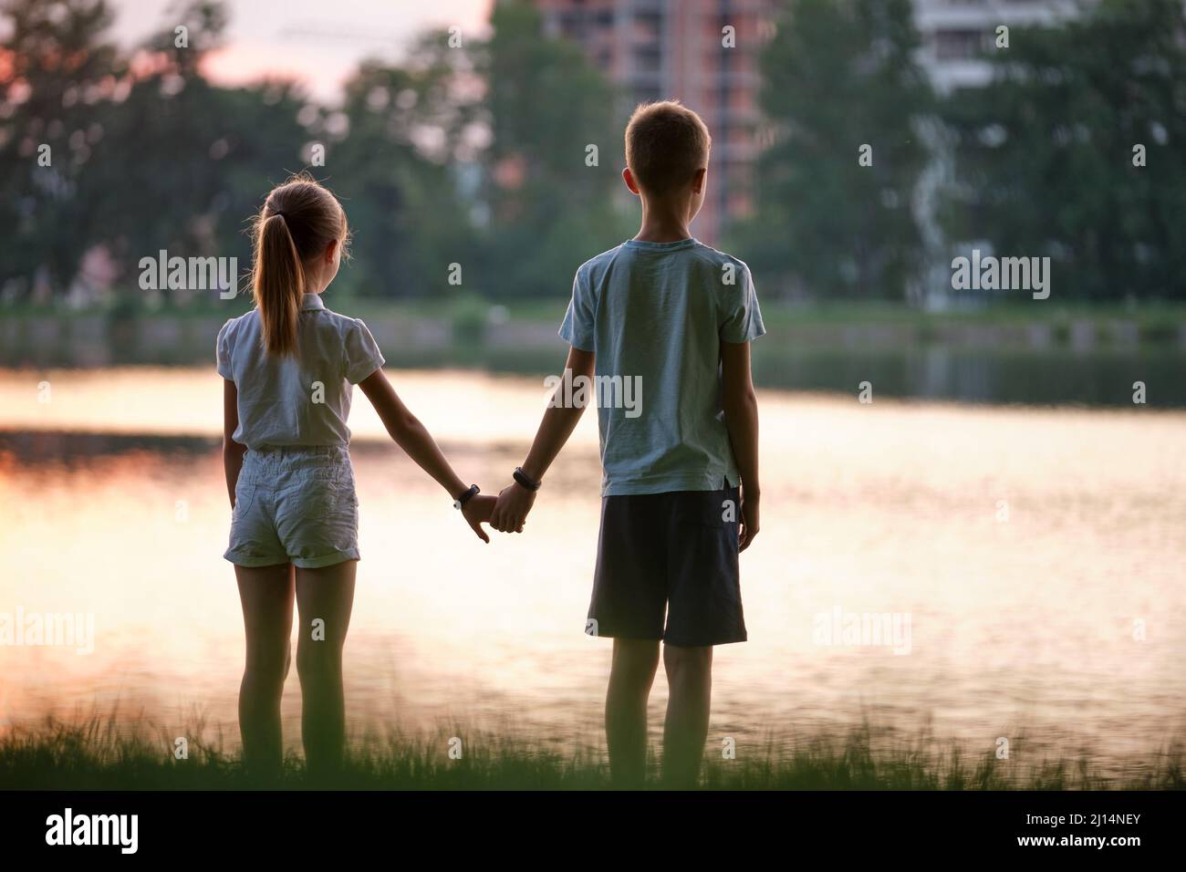Happy siblings standing together holding hands in summer park. Young children brother and sister relaxing outdoors. Family love and relationship conce Stock Photo