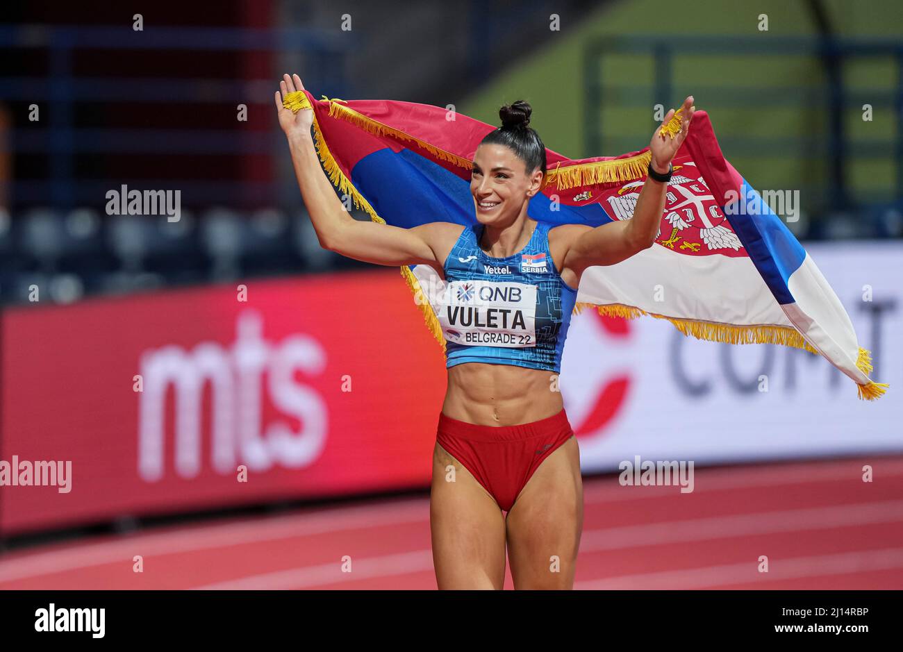 Ivana Vuleta Spanovic celebrating her victory with the Serbian flag at