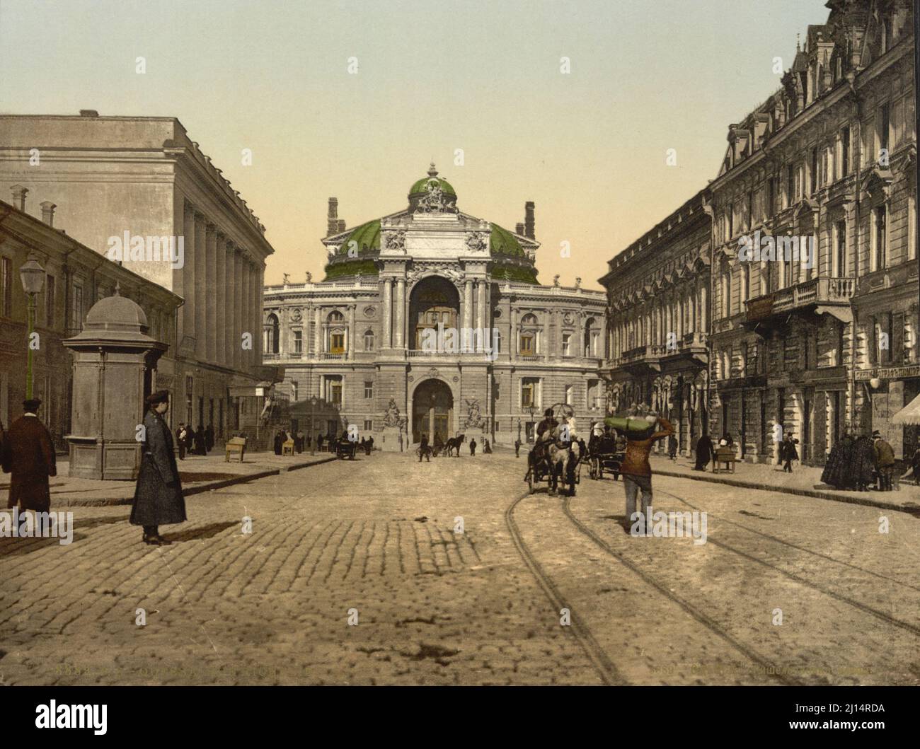 Vintage polychrom print ca. 1890-1900 of Rue Richelieu street  in the city of Odessa (Odesa), Ukraine Stock Photo