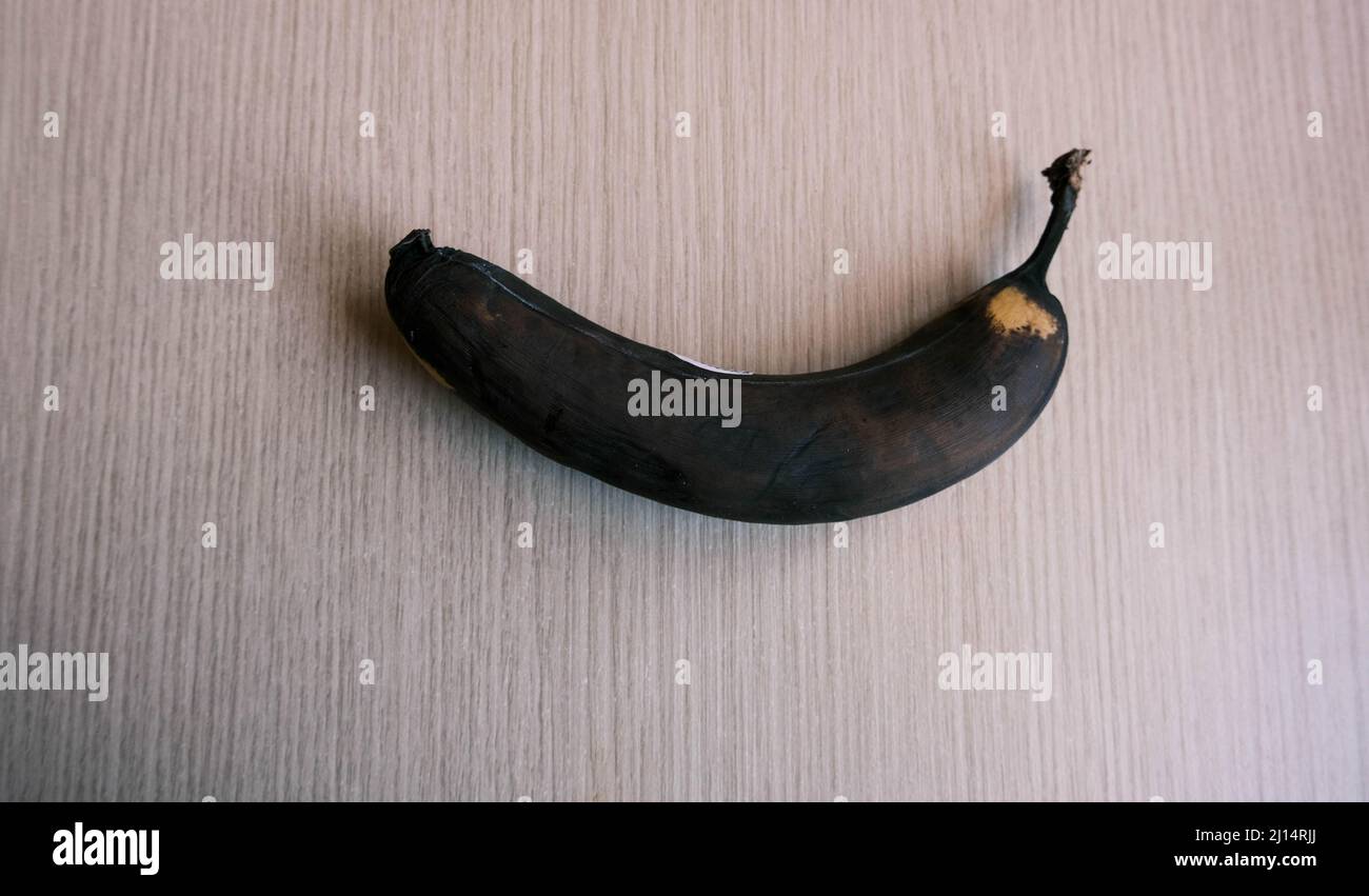 Photo of an old spoiled banana. Black rotten banana peel Stock Photo