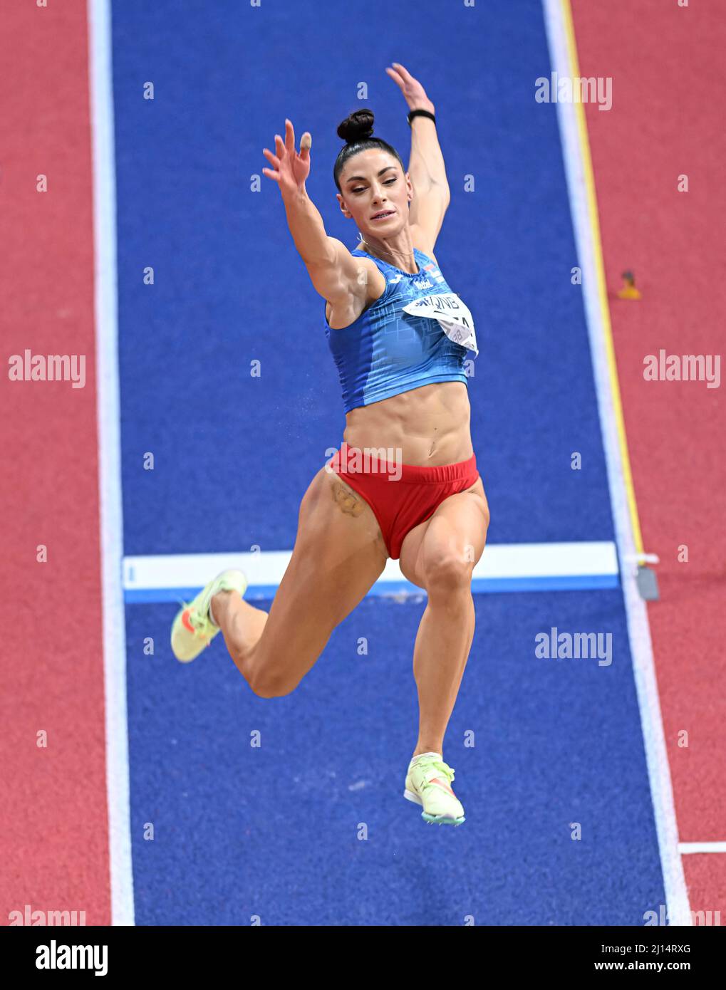 Ivana Vuleta Spanovic jumping at the Belgrade 2022 Indoor World