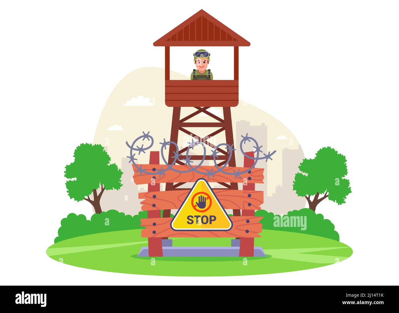 military tower with a fence to protect the border of the state. flat vector illustration. Stock Vector