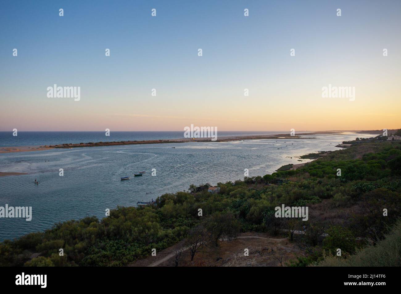 A view to the easternmost lagoon of the Ria Formosa at sunset, from the village of Cacela Velha situated on top of a hill, Algarve, Portugal. Stock Photo