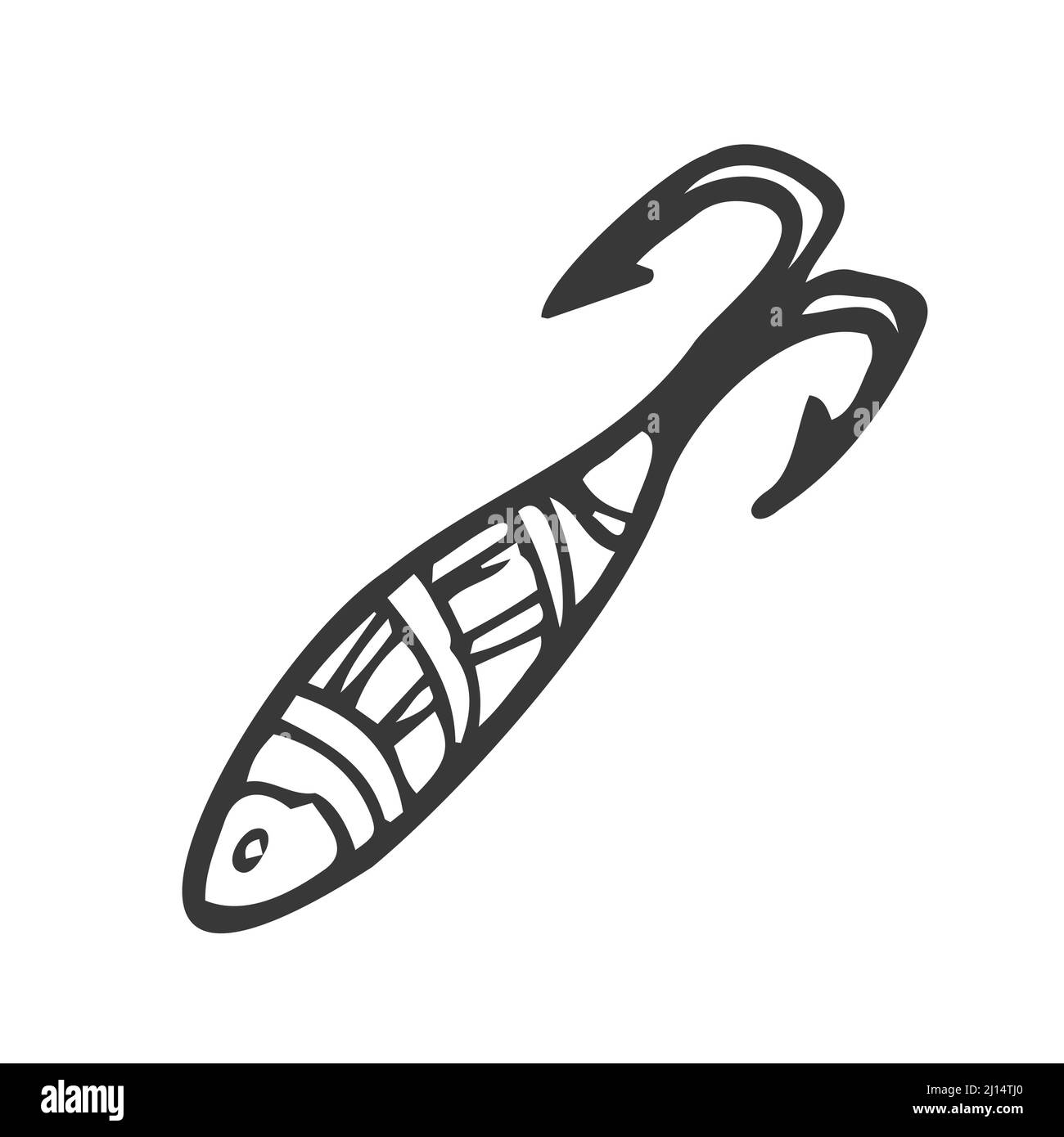 Doodle fishing lure. Abstract contemporary fishery baits of different sizes and shapes for angler. Colored hand drawn fisher accessories with hooks. Stock Vector