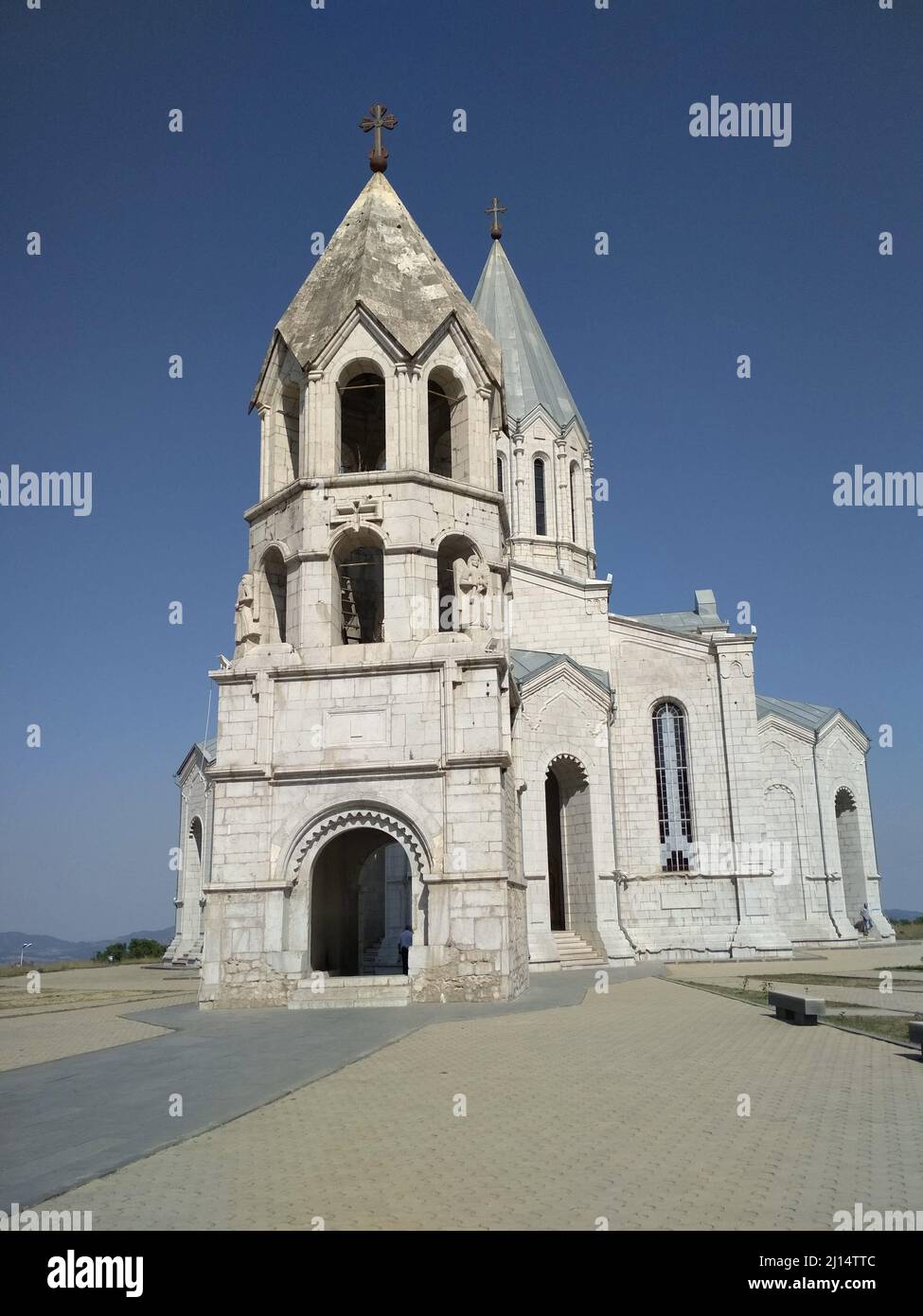 Vertical shot of the Armenian Shushi Ghazanchetsots Cathedral. Stock Photo