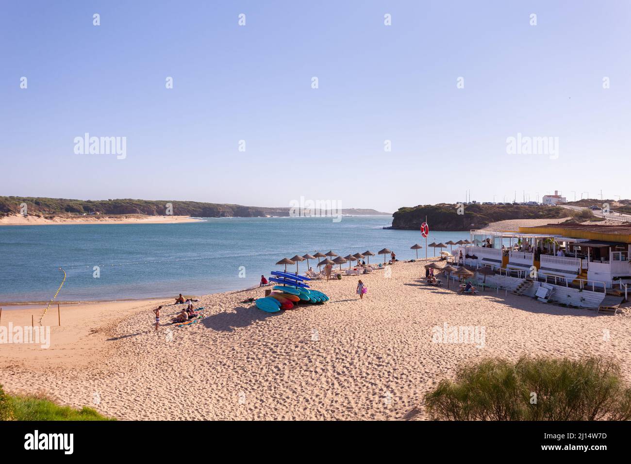 Praia da Franquia beach, on the banks of the Mira River, in the coastal town of Vila Nova de Milfontes, Vicentine Coast, Alentejo - Portugal. Stock Photo