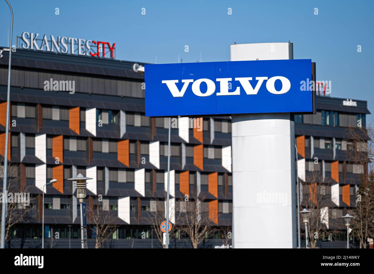 Riga, Latvia, March 18, 2022: Volvo brand logo at the official Volvo Car dealer showroom and service center Stock Photo