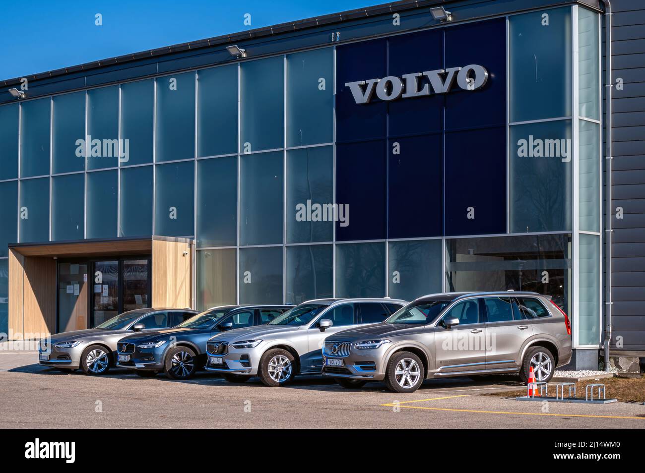 Riga, Latvia, March 18, 2022: a line of new cars at the official Volvo Car dealer showroom Stock Photo