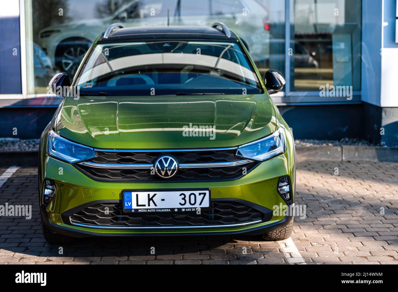 Riga, Latvia, March 18, 2022: New Volkswagen Taigo model 2022 at