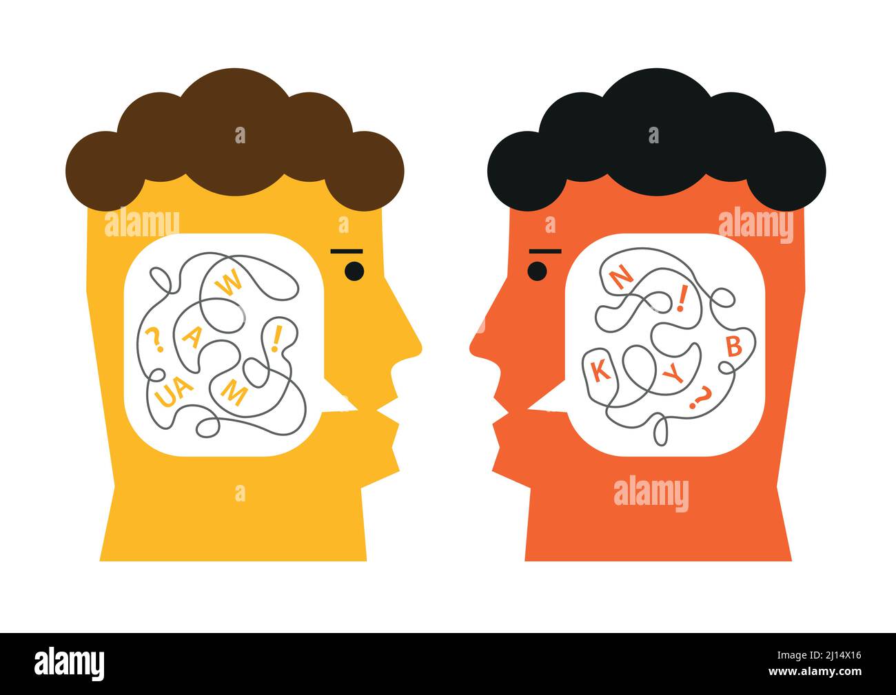Impossibility of dialogue, unable to empathize with others, psychology concept. Illustration of Stylized Male Heads with speech bubble inside. Stock Vector