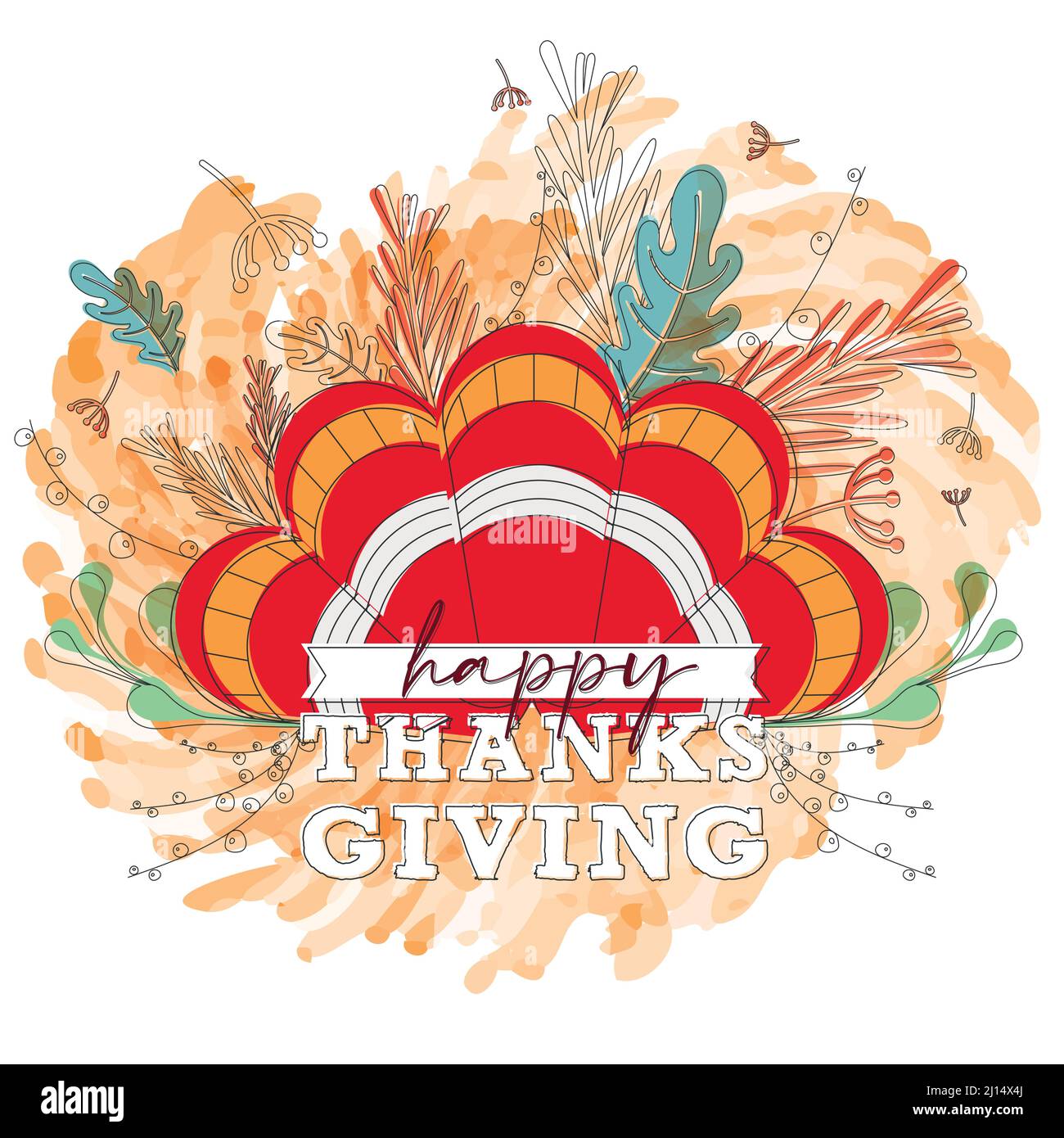 Isolated turkey feathers with autumn leaves Happy thanksgiving poster ...