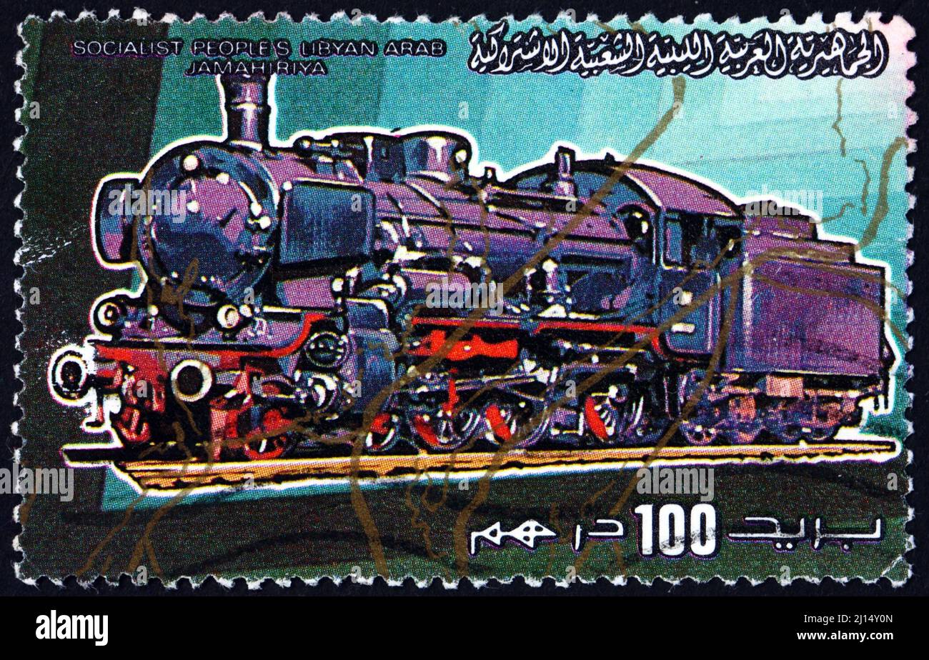 LIBYA - CIRCA 1984: a stamp printed in Libya shows locomotive, circa 1984 Stock Photo