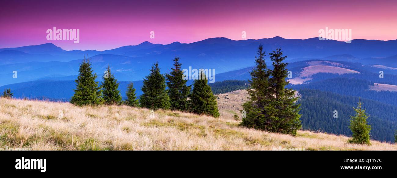 Majestic morning mountain landscape with colorful cloud. Pink sky. Carpathian, Ukraine, Europe. Beauty world. Stock Photo