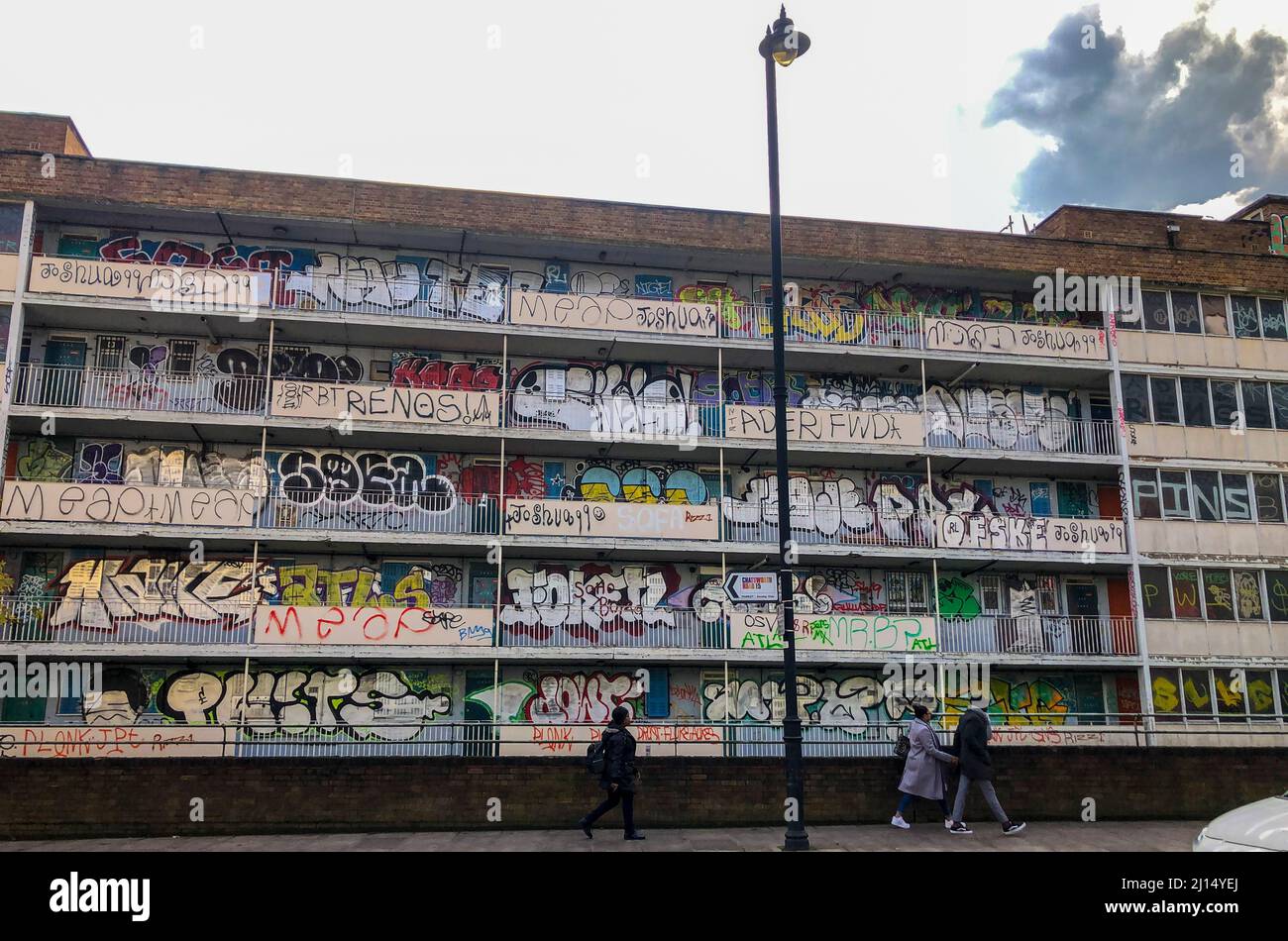 Graffiti covers the empty Marian Court council estate in Homerton Hackney before being demolished Stock Photo