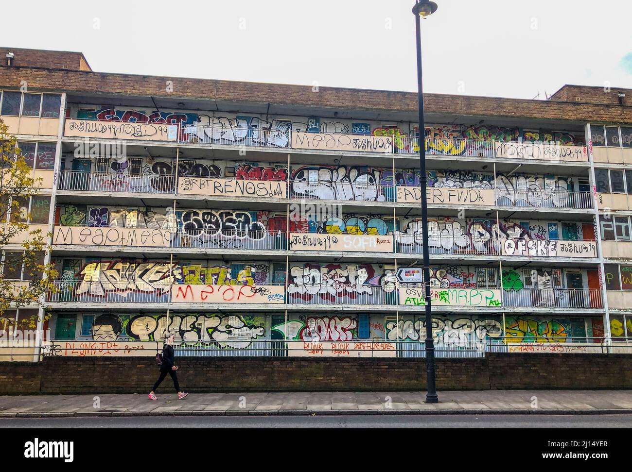 Graffiti covers the empty Marian Court council estate in Homerton Hackney before being demolished Stock Photo