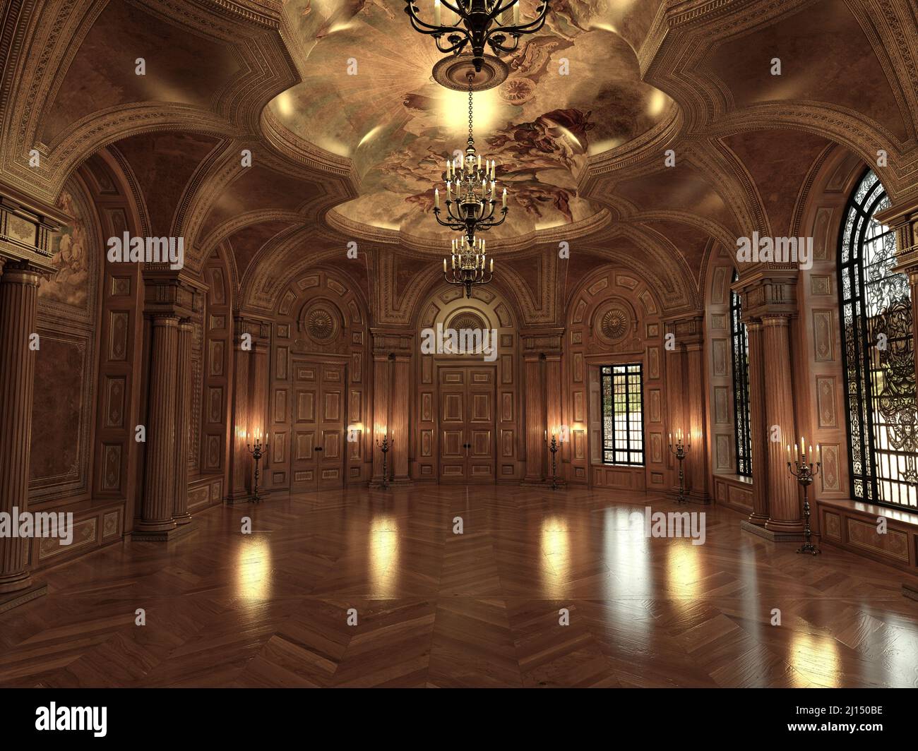 3d render of a luxury palace interior decorated with classic painting and  golden ornament Stock Photo - Alamy