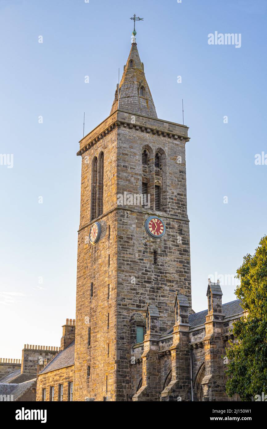 Evening light on the tower and spire of St Salvator's Chapel in North Street, St Andrews, Fife, Scotland UK Stock Photo