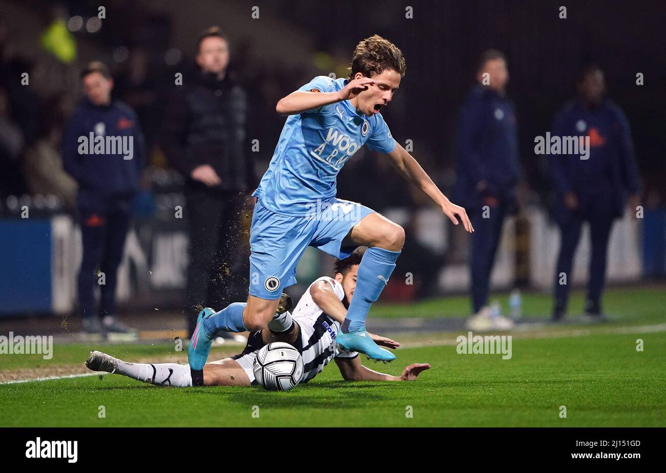 Notts County's Dion Kelly-Evans tackles Boreham Wood's Danilo Orsi-Dadomo during the Vanarama National League match at Meadow Lane, Nottingham. Picture date: Tuesday March 22, 2022. Stock Photo