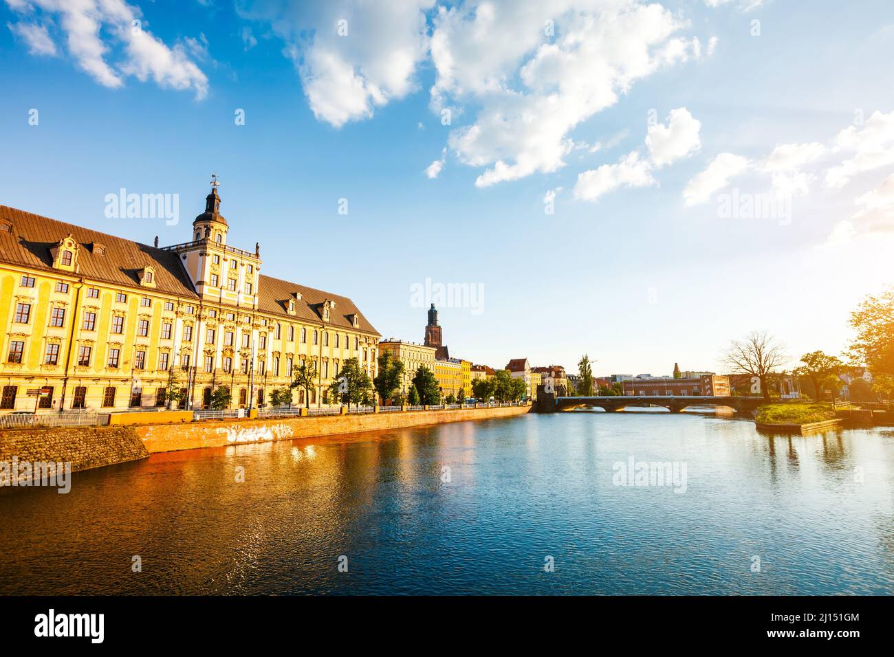 Fantastic view of the ancient city Wroclaw. Picturesque scene. Location: famous place Odra river, Poland, Europe. Historical capital of Silesia. Beaut Stock Photo
