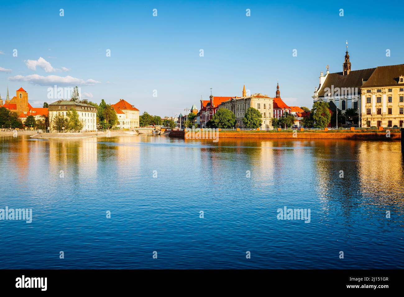Fantastic view of the ancient city Wroclaw. Picturesque scene. Location: famous place Odra river, Poland, Europe. Historical capital of Silesia. Beaut Stock Photo