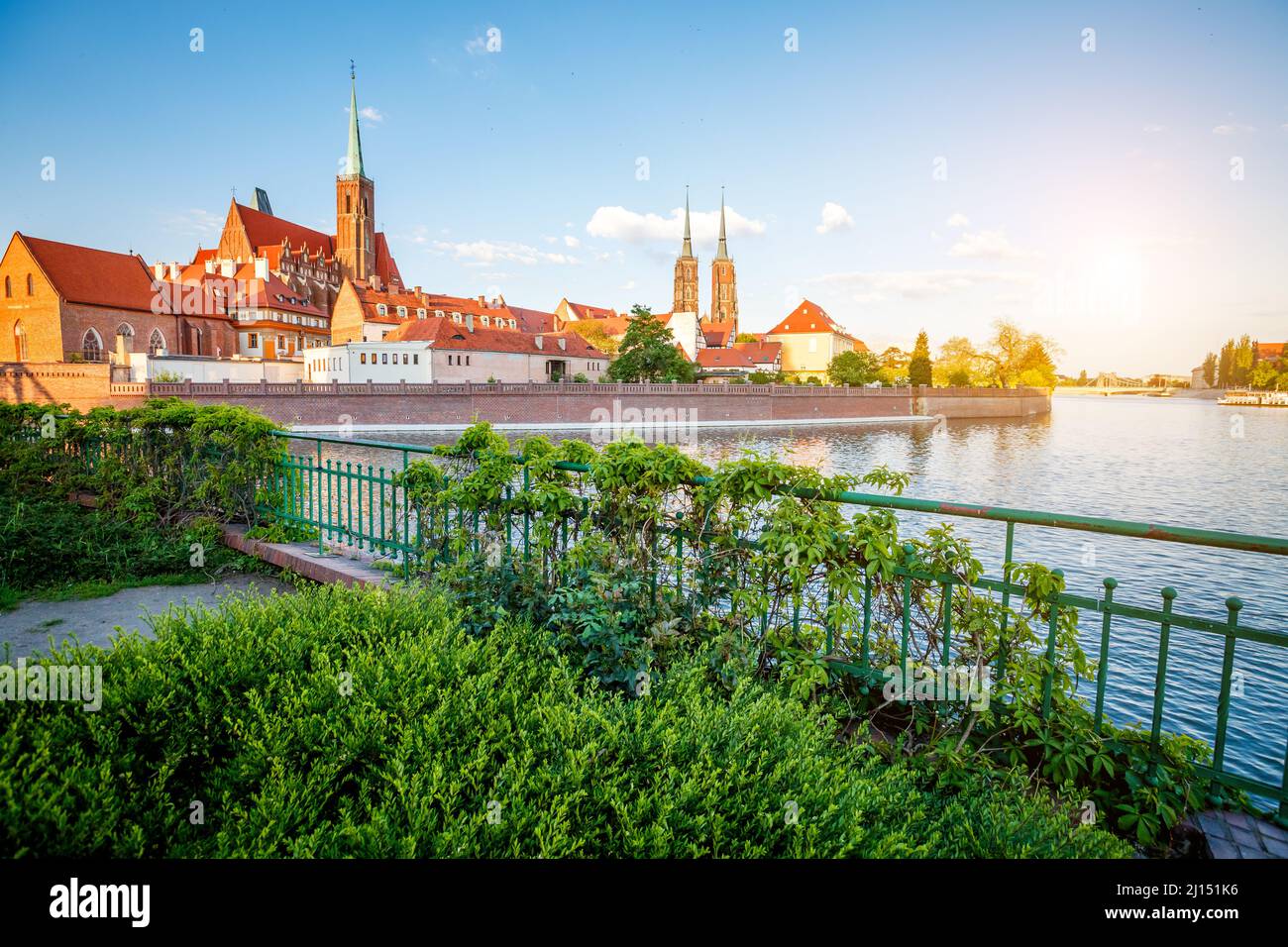 View of the ancient city Wroclaw. Picturesque scene. Location famous place Cathedral of St. John the Baptist Tumski island, Odra river, Poland, Europe Stock Photo