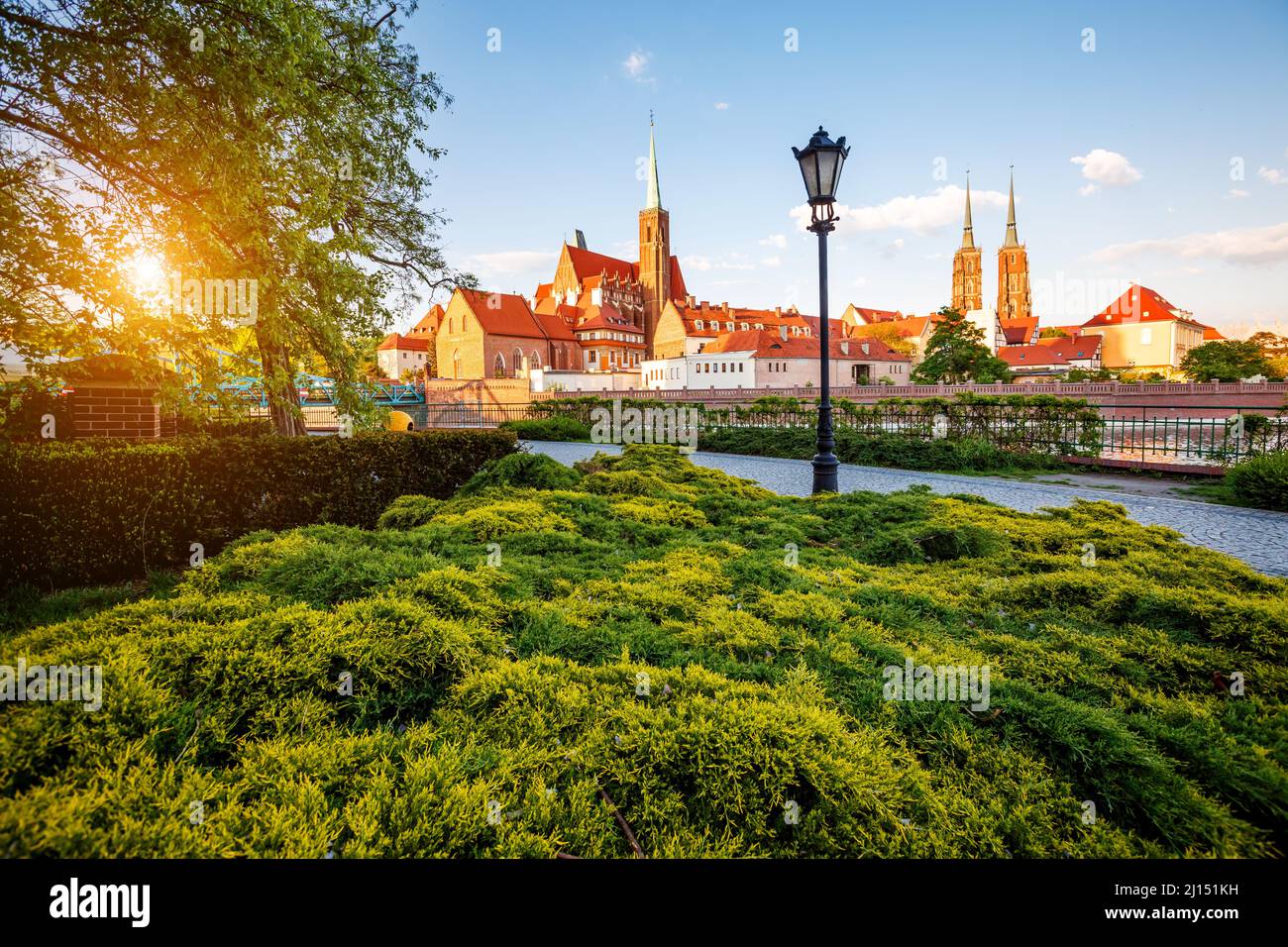 View of the ancient city Wroclaw. Picturesque scene. Location famous place Cathedral of St. John the Baptist Tumski island, Odra river, Poland, Europe Stock Photo
