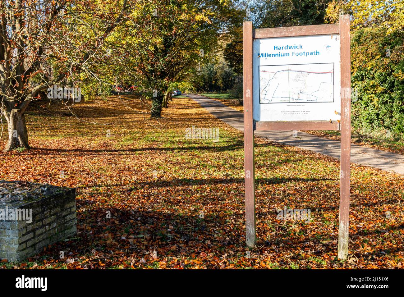 The map of the Hardwick Millennium Footpath at the beginning of the path in Autumn. Cambridgeshire, UK. Stock Photo