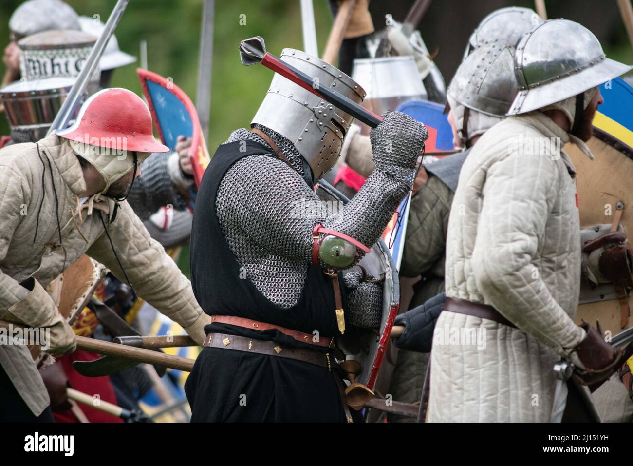 Evesham, Worcestershire, UK. 7th August, 2021. Pictured: Re-enactors practice fighting techniques after a 2 year battle absence due to the Covid pande Stock Photo