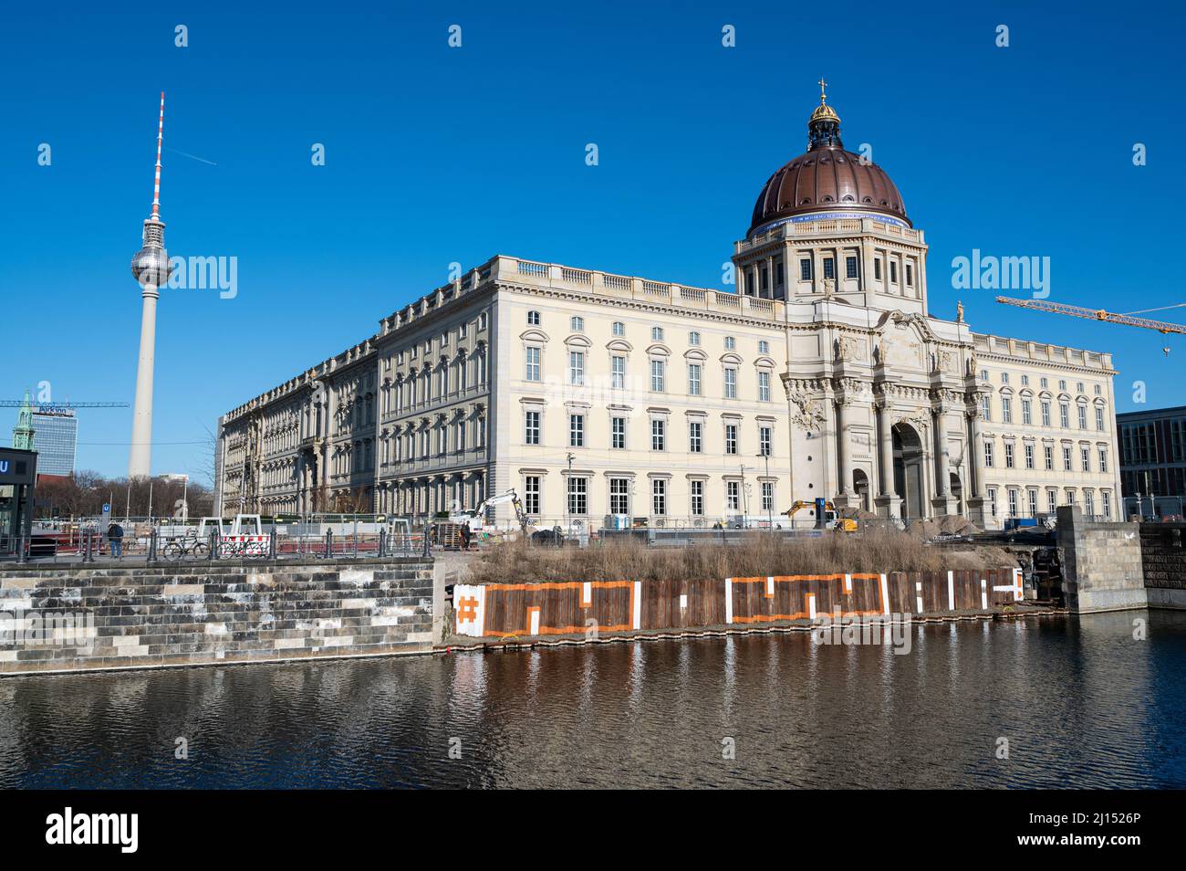 18.03.2022, Berlin, Germany, Europe - View of Humboldt Forum in the rebuilt Berlin Palace on the Museum Island in Mitte district and TV Tower. Stock Photo
