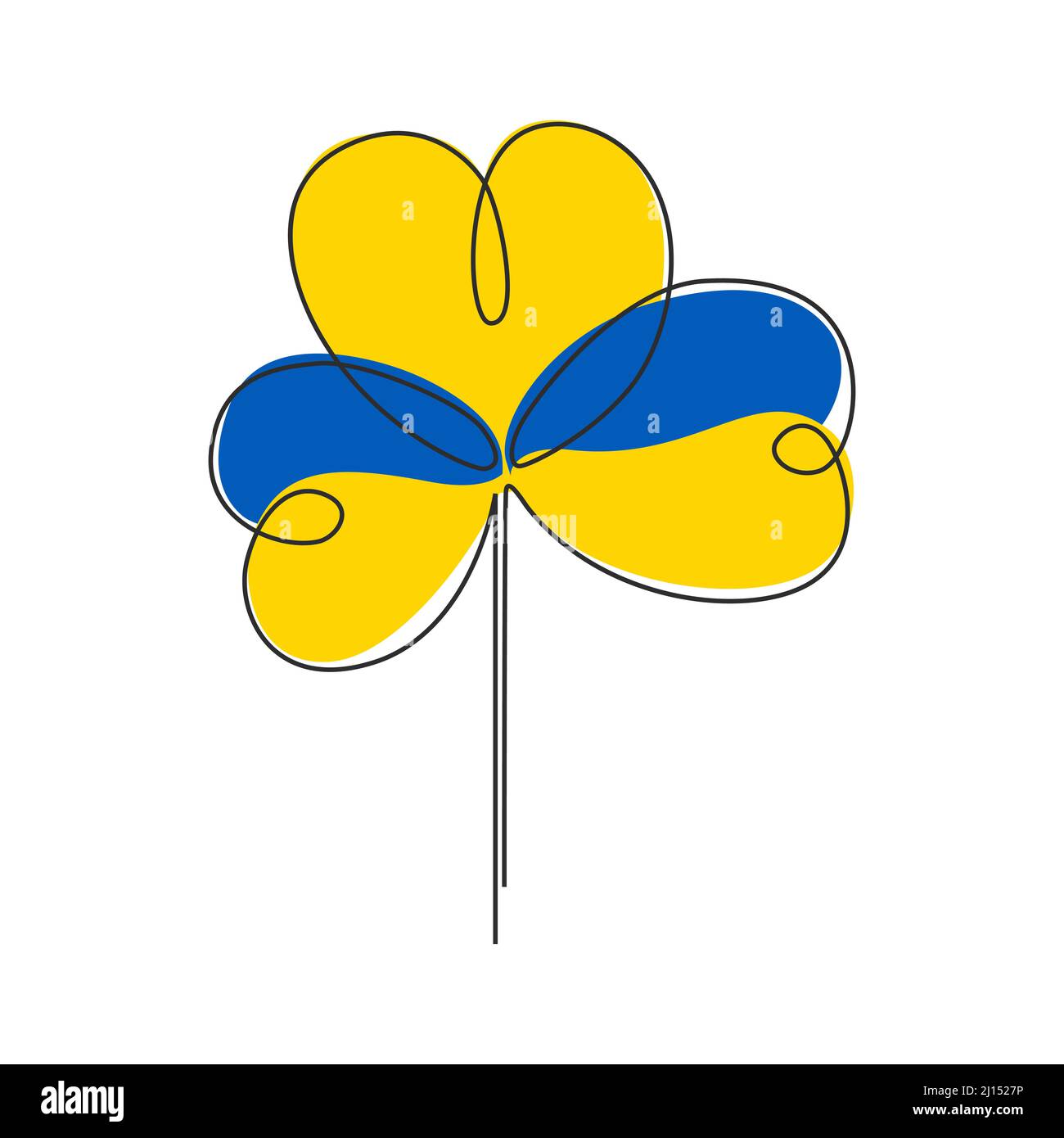 Clover leaf symbol in blue and yellow color of Ukrainian flag. Continuous line drawing of shamrock leaf. Hope and victory for Ukraine concept. Vector Stock Vector