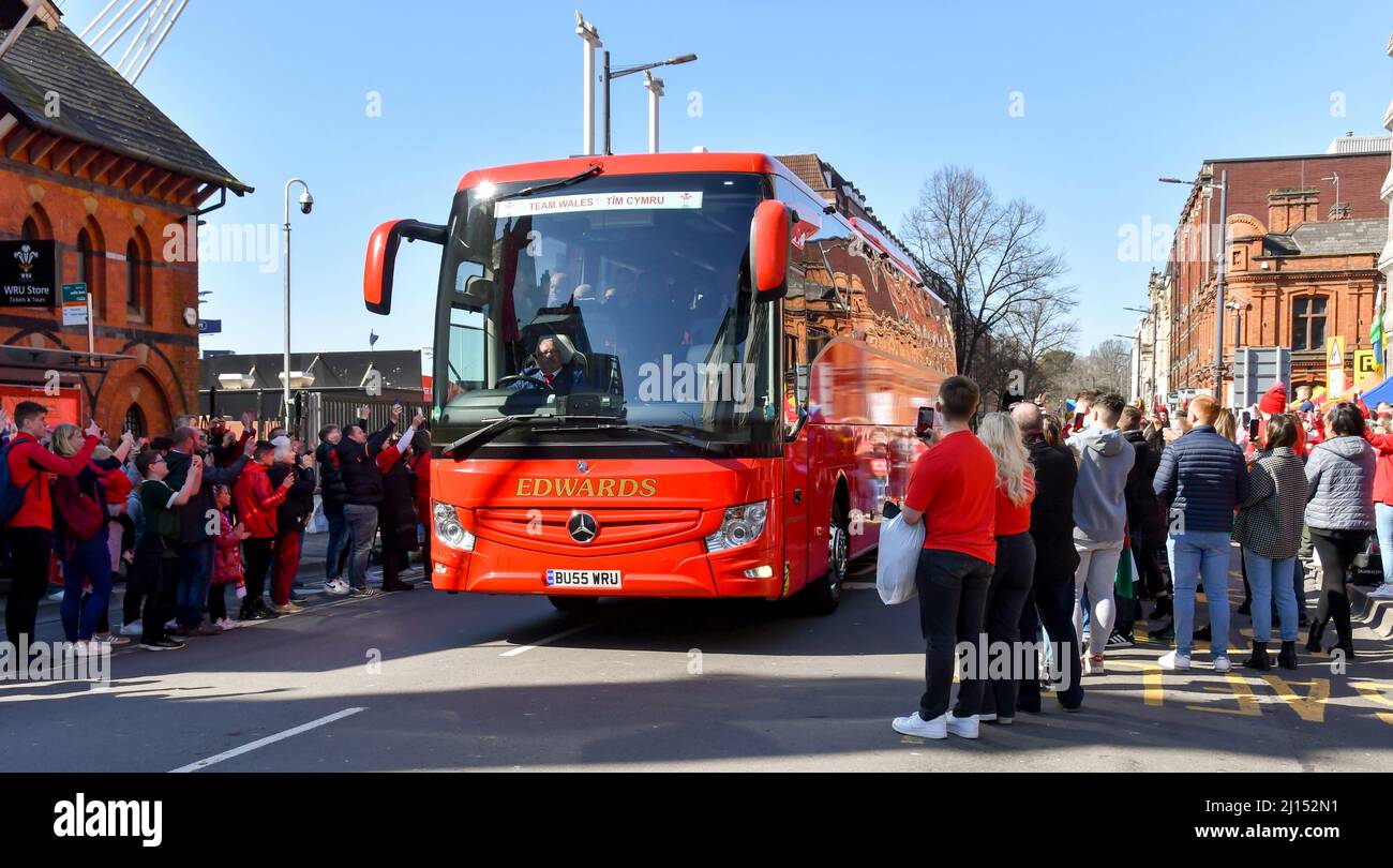 Cardiff, Wales March 2022 Luxury coach carrying the Welsh rugby team