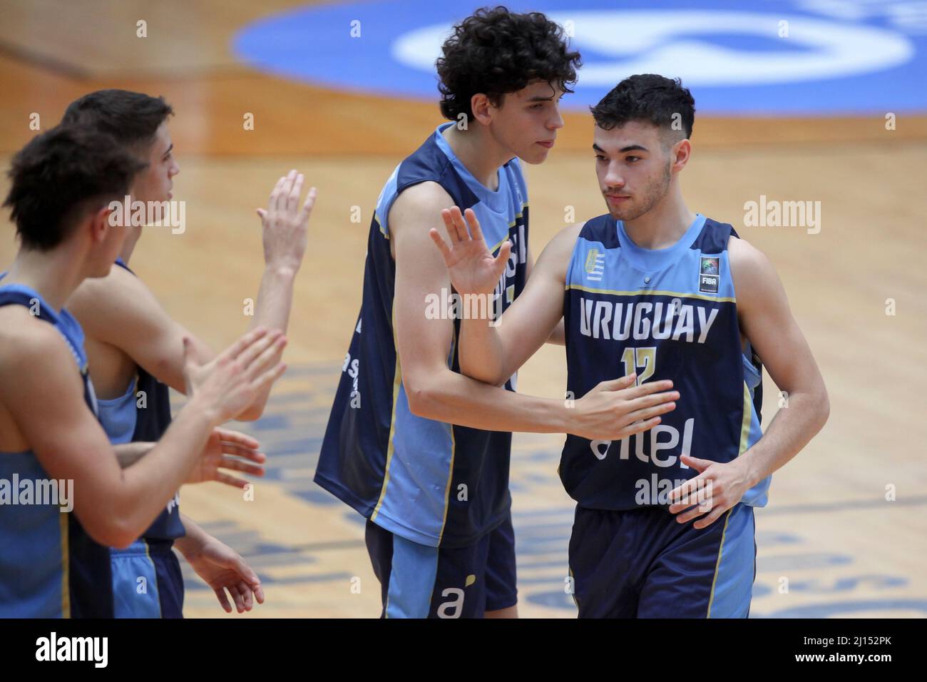 Los Dos Caminos, Miranda. VE - MARCH 21: Matias Espinosa #12 of the Uruguay national team celebrates with his teammates the victory against the Colomb Stock Photo