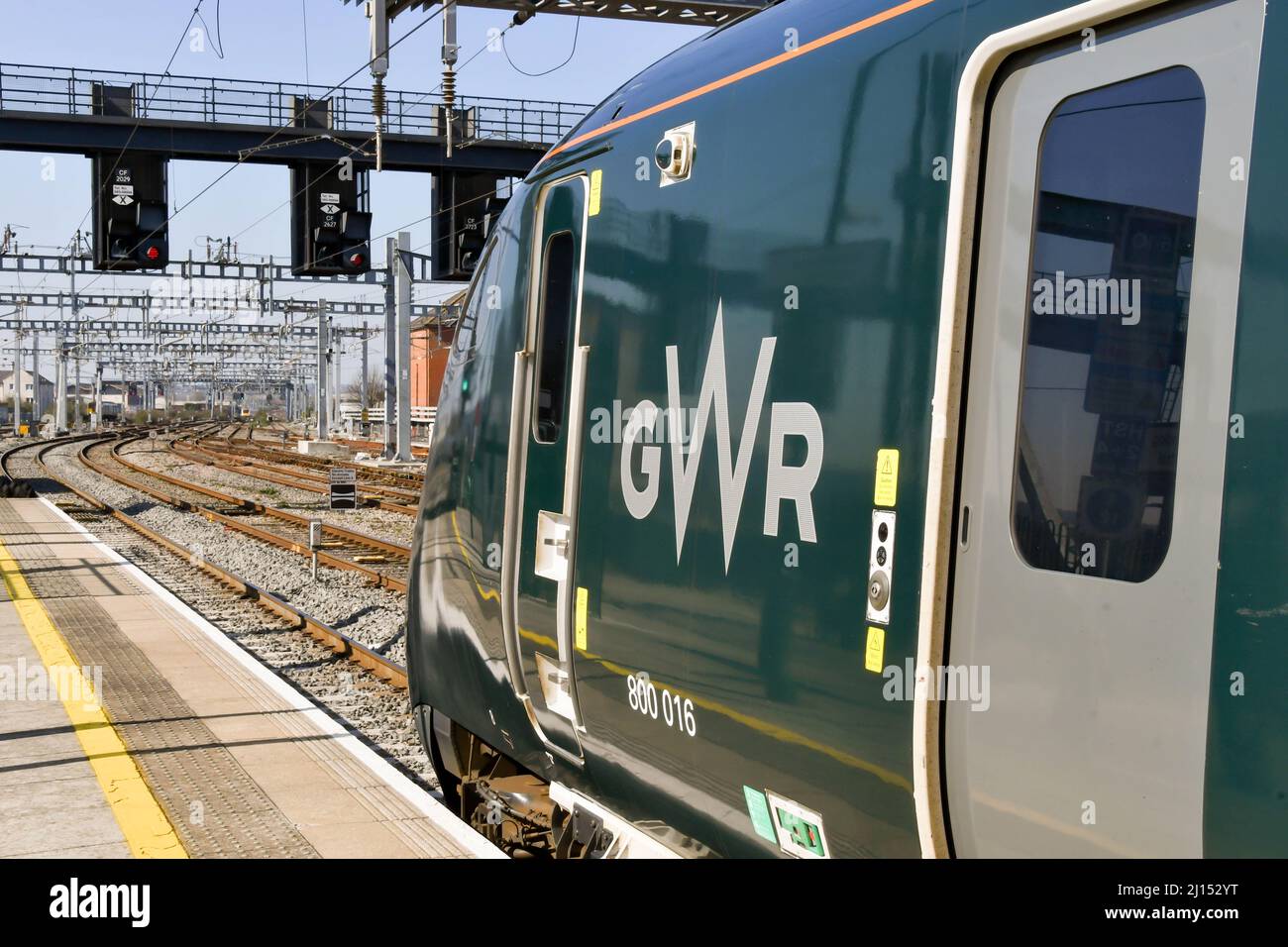 Cardiff, Wales - March 2022: Class 800 high speed train operated by Great Western railway waiting for to depart Cardiff Central railway station Stock Photo