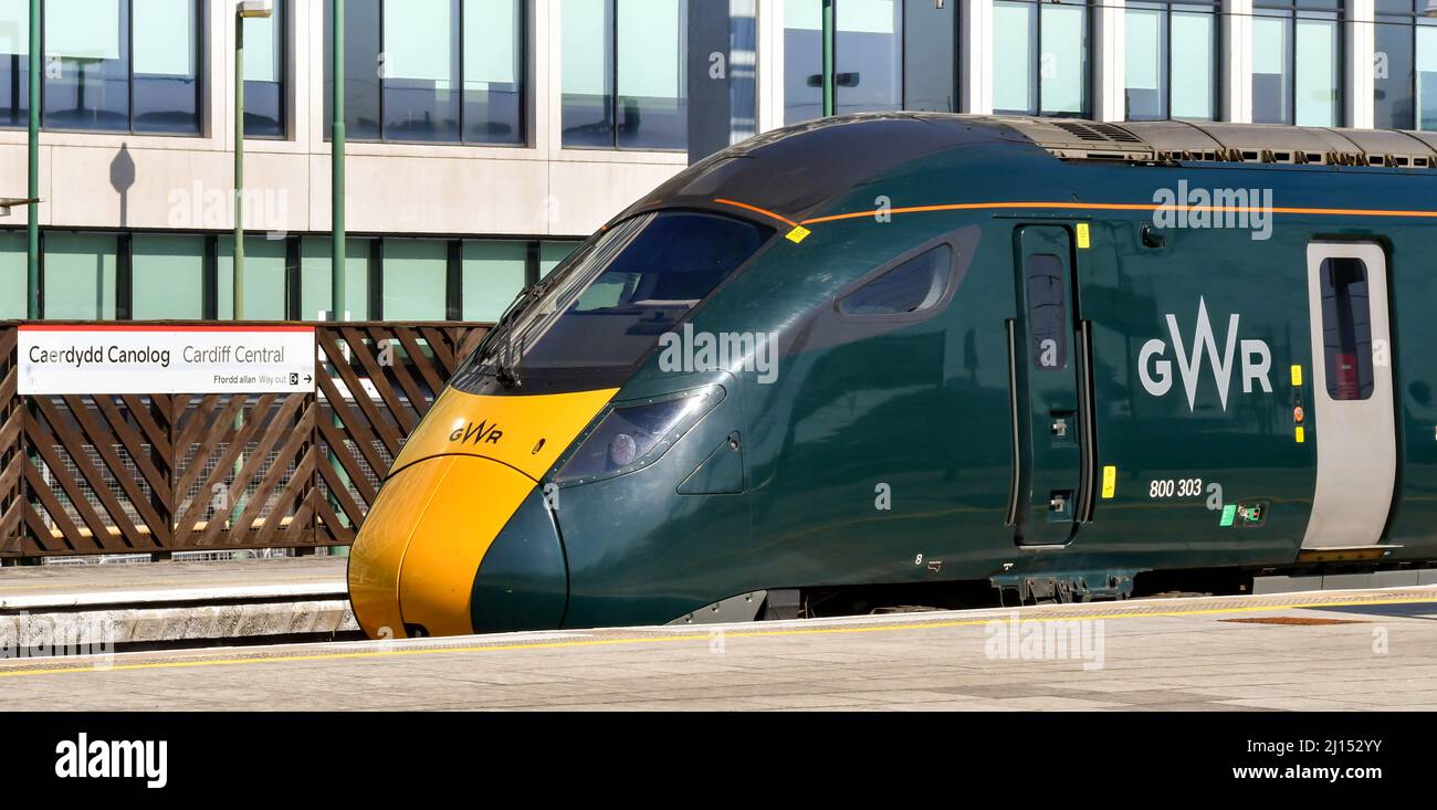 Cardiff, Wales - March 2022: Class 800 high speed train operated by Great Western railway at one of the platforms of Cardiff Central railway station. Stock Photo