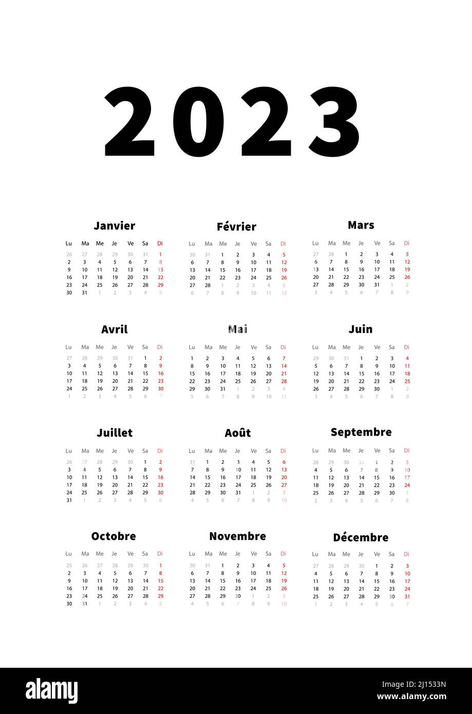 2023 Calendar Vertical 2023 Year Simple Vertical Calendar In French Language Typographic Calendar Isolated On White Stock Vector Image Art Alamy