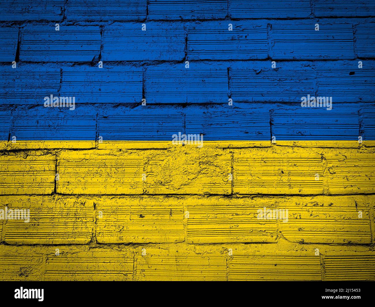 Illustration of blue and yellow Ukrainian flag in wall background, flat style. Stock Photo