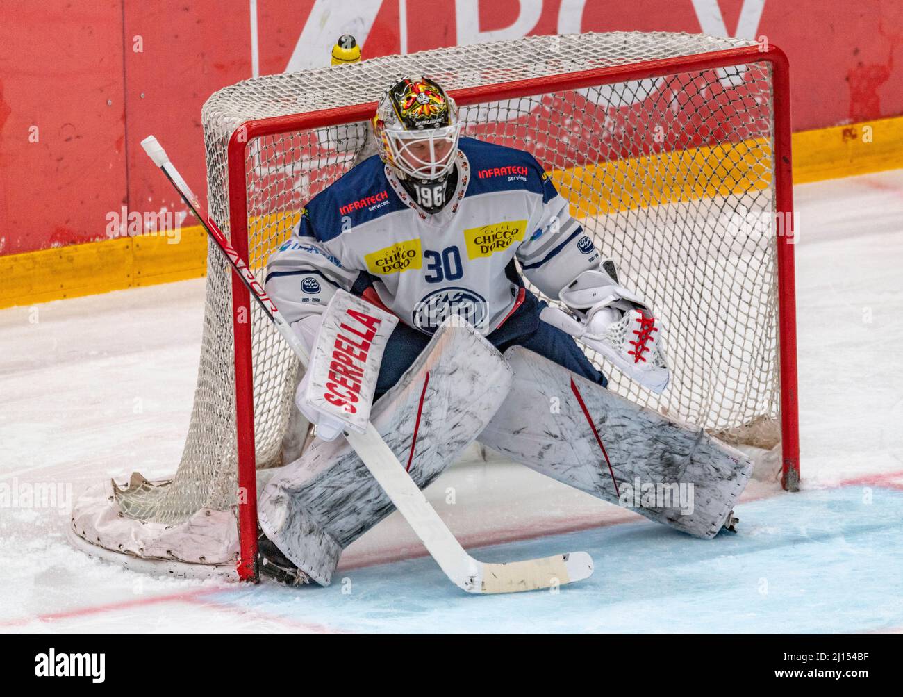 Lausanne, Vaudoise Arena, Switzerland. 22nd Mar, 2022: Janne Juvonen (goalkeeper) of HC Ambri-Piotta (30) is in action during the Pre-playoffs, Acte 3 of the 2021-2022 Swiss National League Season with the Lausanne HC and HC Ambri-Piotta. Credit: Eric Dubost/Alamy Live News Stock Photo