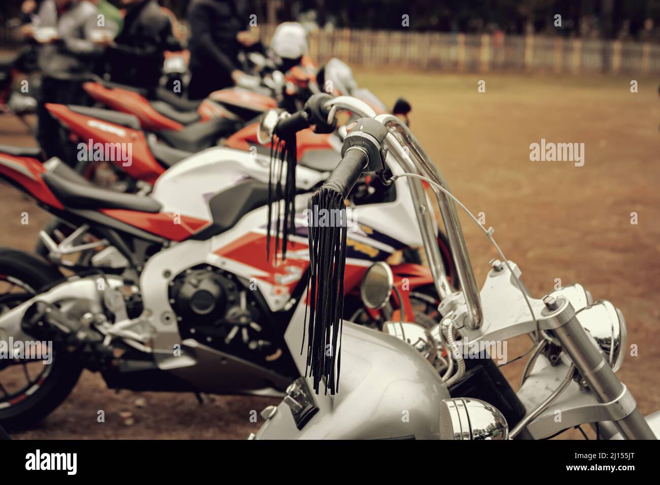 Long motorcycle steering wheel. Toning Stock Photo